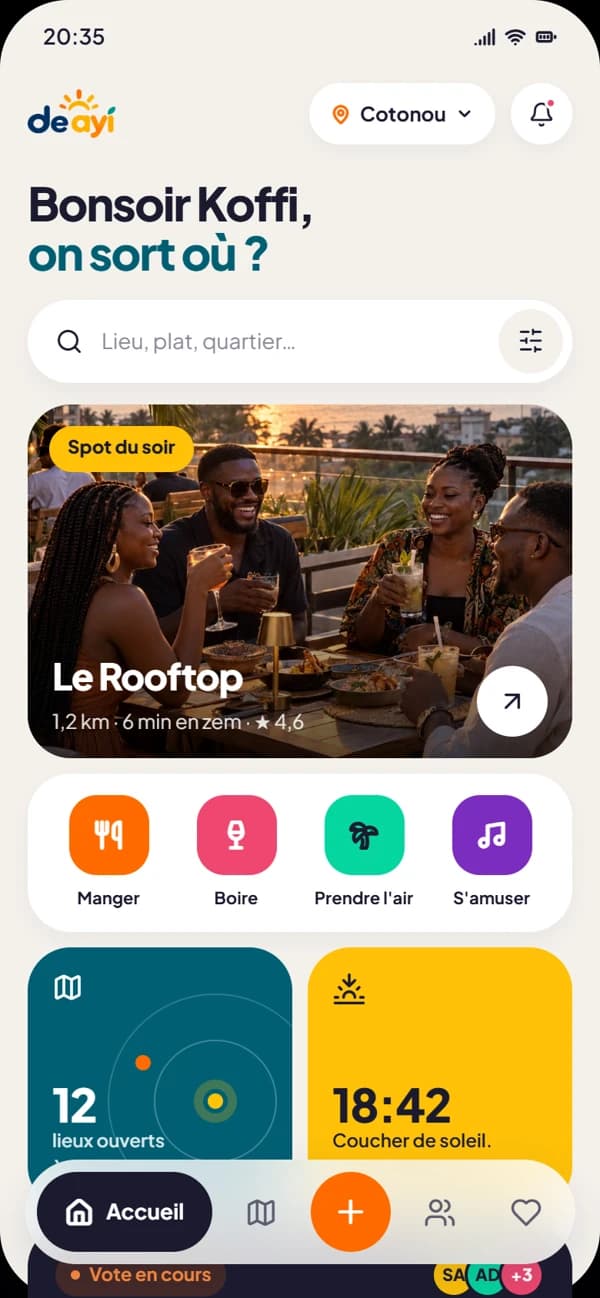 Aperçu de l’application Dé ayi : accueil bento